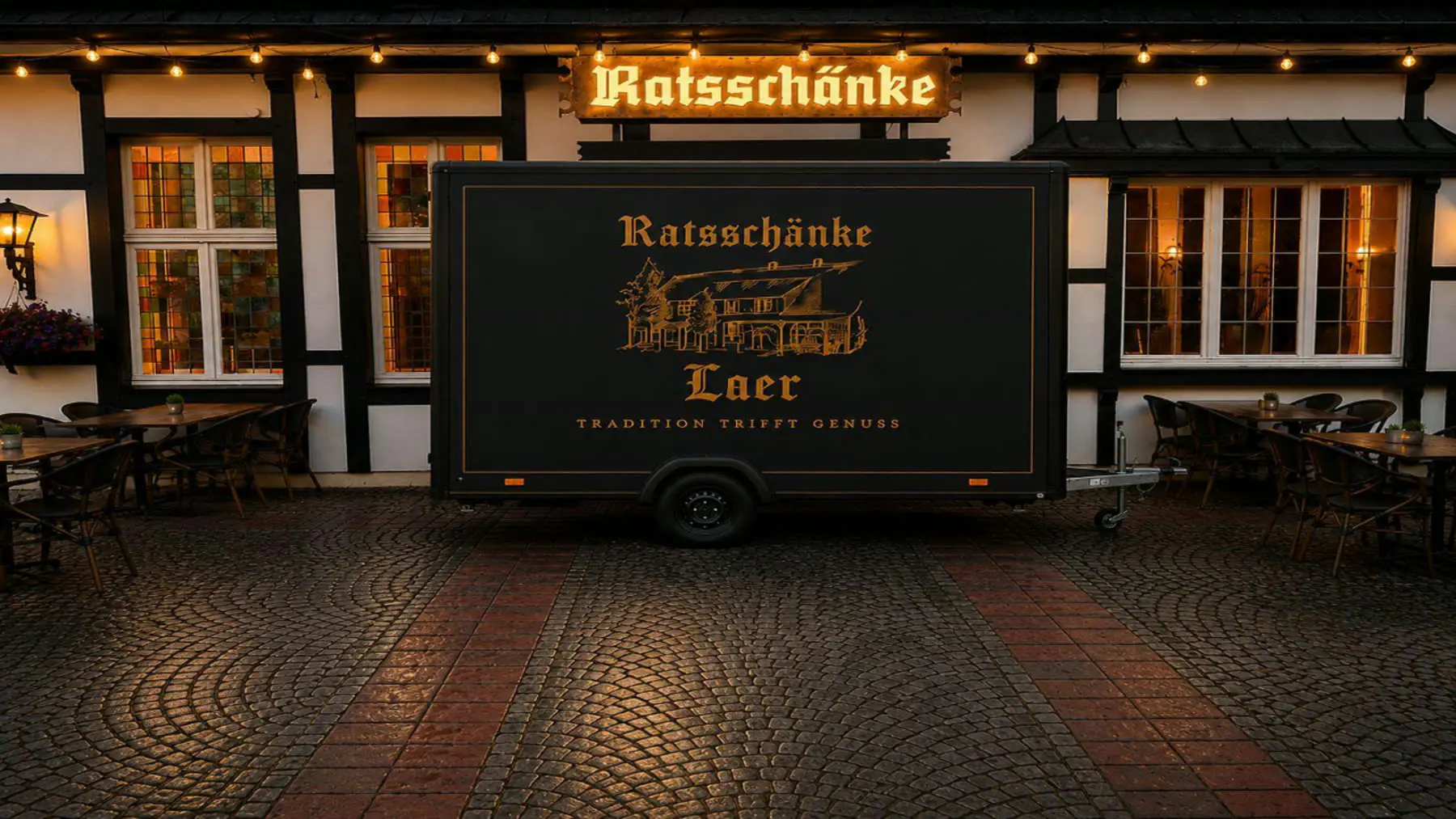 Der Verkaufsanhänger der Ratsschänke am Abend vor dem Haus
